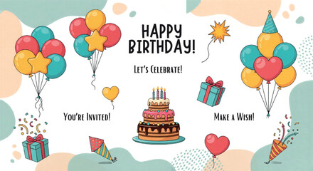 Happy Birthday celebration vector set, festive party elements with cake and balloons, colorful greeting card illustrations, hand drawn event decorations isolated PNG with Transparent Background © Cozirooh.com