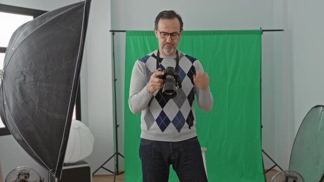 Man photographer holds camera and touches forehead in studio with green backdrop and softbox visible; frustration fatigue.