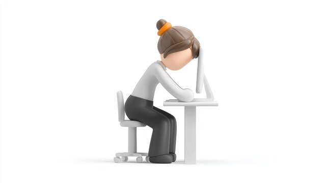 Corporate Burnout: Exhausted 3D Woman Slumped Over Her Computer