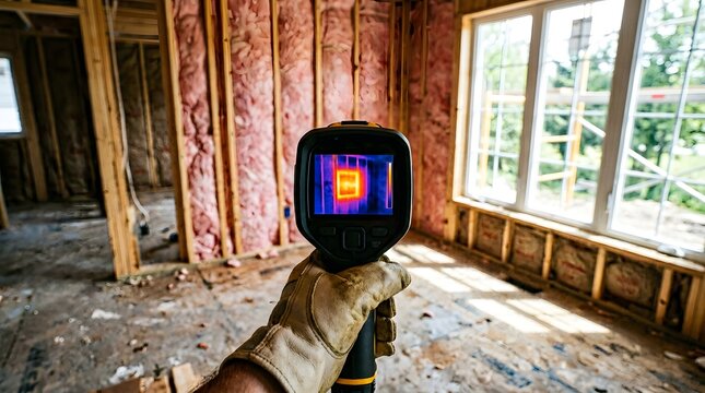 Thermal imaging inspection of home insulation for energy efficiency audit.