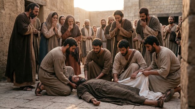 Men burying Ananias after his death in the Acts of the Apostles. Group of ancient people mourning and touching a deceased man on the street. Biblical scene of judgment and divine justice.