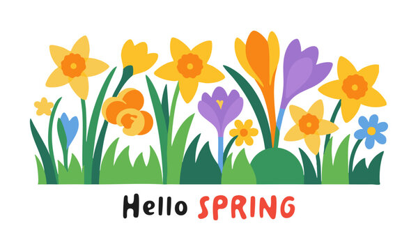 Spring floral background with blooming garden flowers vector illustration.