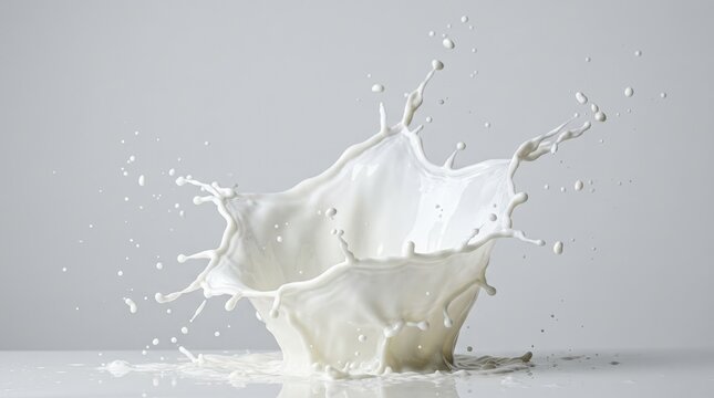 Milk splash frozen in motion on plain background, fresh dairy concept, dynamic liquid shape, clean studio composition, high detail, no logos