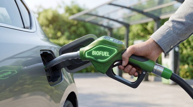 Man filling silver car with biofuel at modern green pump station surrounded by plants. Sustainable alternative fuel technology reducing carbon