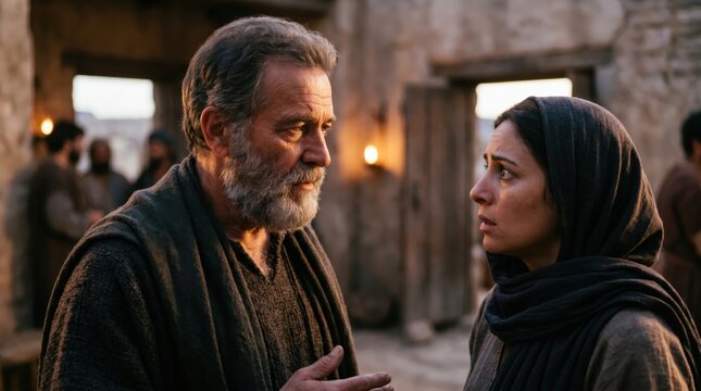 Apostle Peter judging Sapphira. Biblical scene from the book of Acts where an elder confronts a woman about her deceit. Historical drama portraying a serious religious narrative encounter.