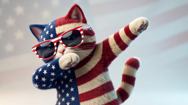 Funny Cat Dabbing in American Flag USA Theme, Wearing Sunglasses, Patriotic Holiday Celebration
