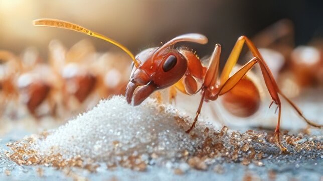 Intricate macro photograph of a red ant foraging on a pile of granular sugar, capturing the fine details of its exoskeleton and antennae