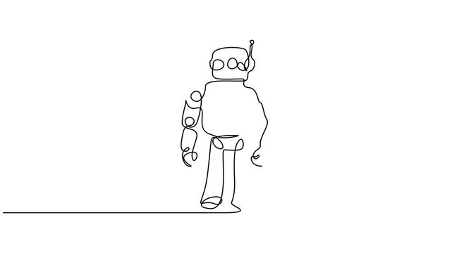 Animated self drawing of continuous line draw toy robot for kids. Retro robot vintage toys. Classic robotic toy kids concept. Full length single line animation illustration
