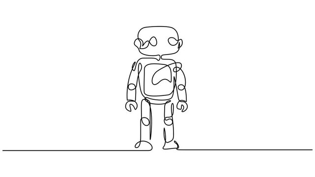 Animated self drawing of continuous line draw toy robot for kids. Retro robot vintage toys. Classic robotic toy kids concept. Full length single line animation illustration