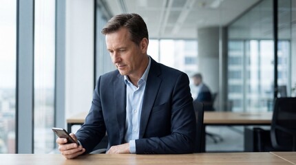 Fototapeta premium Businessman in office looking at smartphone with surprised expression on face