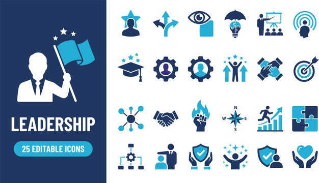 Leadership icon set with 25 vector icons. Management, motivation, teamwork, delegation, training, mentoring, trust and influence symbols for HR, corporate leadership, business UI, web and app design.