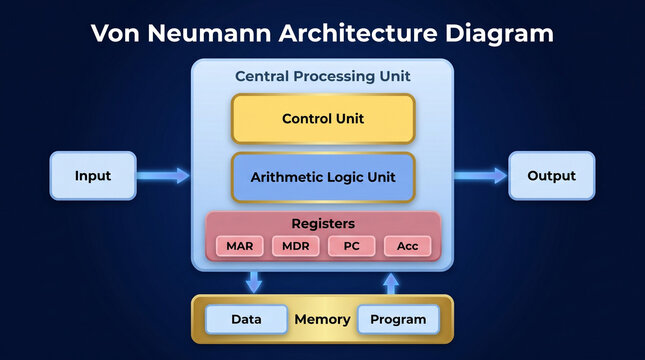 Von Neumann Architecture Diagram, Computer Science Concept, CPU, Input, Output, Memory, Registers
