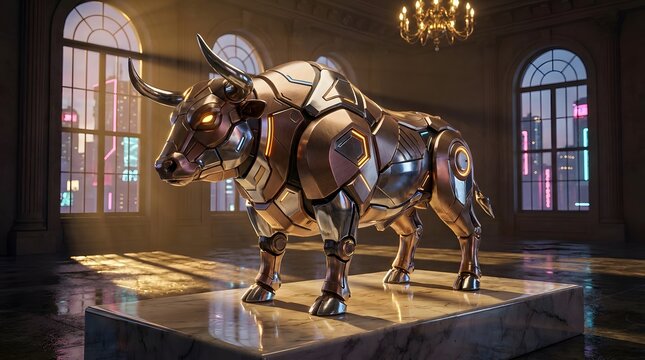 Golden robotic bull statue on marble pedestal inside grand hall space.