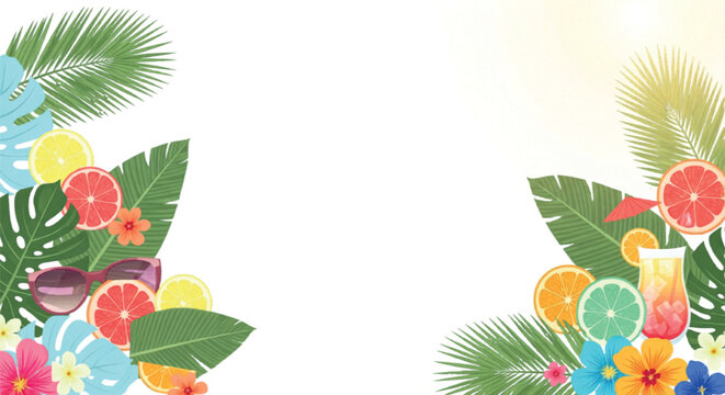 Tropical summer border with exotic palm leaves and citrus fruits, vibrant botanical frame with hibiscus flowers and sunglasses, colorful vacation vector isolated PNG with Transparent Background