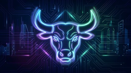 Fototapeta premium Cyberpunk bull head neon glowing over digital circuit board background.