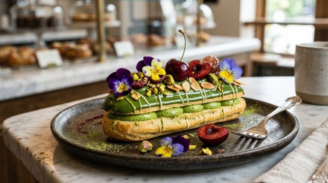 Extravagant matcha &eacute;clair with cherries, nuts, and pansy flowers, artistic gourmet pastry concept with rich detail and upscale presentation, realistic finish, no logos