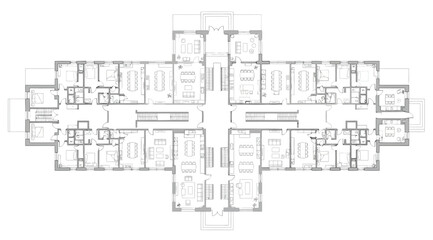 Fototapeta premium Detailed architectural floor plan of a large symmetrical multiunit building or hotel, featuring central hallways, stairs, and various room layouts