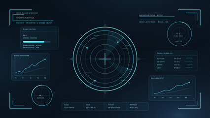 Futuristic Drone Radar HUD Interface. Cyberpunk flight HUD with central radar scan, telemetry panels, signal charts and navigation status for drone control, VR, aerospace and sci-fi. Vector HUD, UI © 24 std