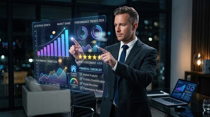 Fototapeta premium Businessman Interacting with Futuristic Holographic Display in Modern Office.