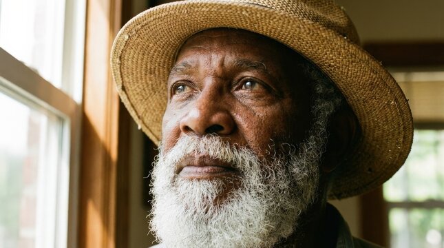 Thoughtful senior African American man with white beard and straw hat looking up, expressive portrait in warm natural light, close up realistic detail, no logos