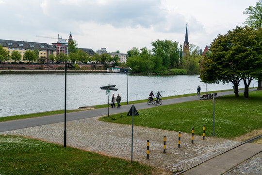 View of the Main River reflects the cityscape, while cyclists and pedestrians enjoy the vibrant green pathways along the riverbank, Frankfurt am Main, Hessen, Germany.