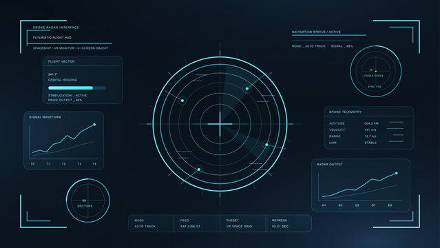 Futuristic Drone Radar HUD Interface. Cyberpunk flight HUD with central radar scan, telemetry panels, signal charts and navigation status for drone control, VR, aerospace and sci-fi. Vector HUD, UI