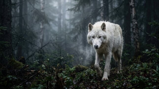Majestic white wolf emerging from soft mist, powerful wildlife portrait with mysterious forest atmosphere and ethereal mood, cinematic light, realistic detail, no logos