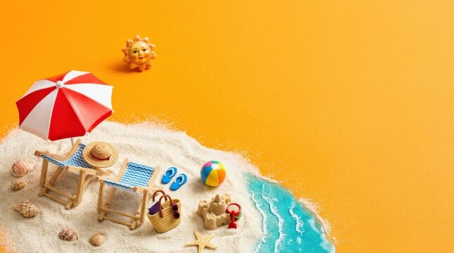 Miniature beach scene with summer accessories on orange background, vacation concept, playful travel banner, clean copy space, bright seasonal styling, no logos