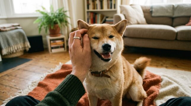 Film style point of view of a hand petting a happy Shiba Inu dog, candid pet bonding moment with warm everyday emotion and realistic detail, no logos