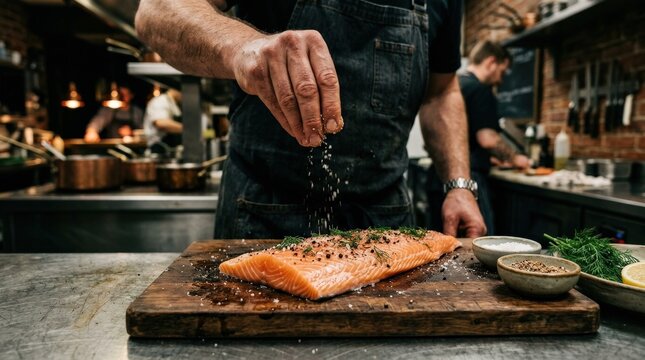 Chef seasoning salmon fillet, professional cooking and seafood preparation concept, culinary action close up, moody kitchen light, realistic detail, no logos