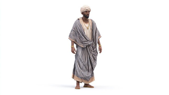 Dignified Man in Traditional Striped African Robe and Turban on White Background