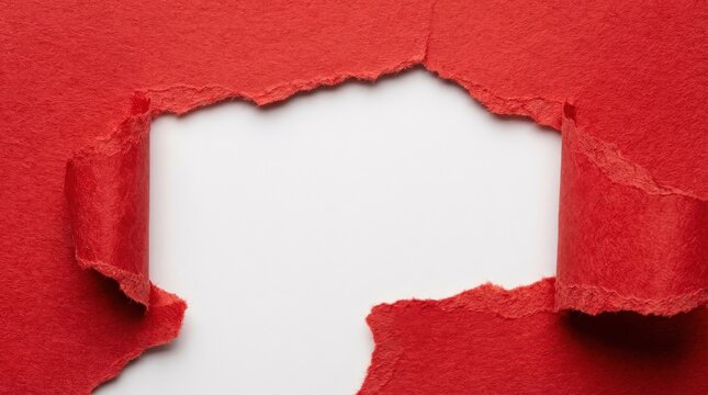 Red torn paper opening to smooth white background, striking contrast, creative paper texture backdrop, clean commercial design, sharp detail, no logos