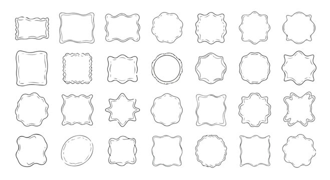 Collection of various gray digital badges and shapes on a white background, featuring assorted frame styles.