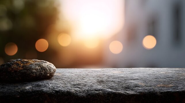 Natural stones rest on a textured ledge with a soft warm bokeh background effect at sunset