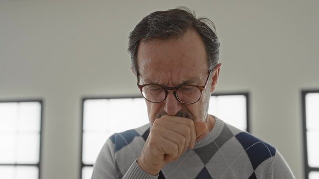 Man holding neck and coughing into fist, wearing glasses and gray argyle sweater in building with tall windows; pain recovery.