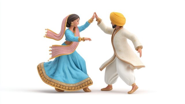 Dynamic 3D Illustration of a Joyful Punjabi Couple Performing a Festive Dance