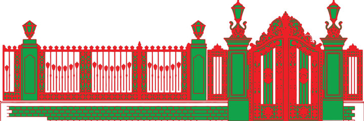 Gate stands as an ornate red and green entrance structure featuring detailed metalwork and classical architectural design elements. © MstJahanara