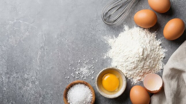 Top-down baking ingredients with flour, eggs, salt and egg yolk on a gray surface, home cooking preparation concept, clean flat lay styling, soft light, realistic detail, no logos