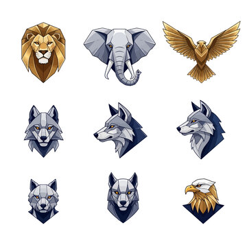 Geometric Animal Heads Collection: Lion, Elephant, Eagle, Wolf, and Fox Icons