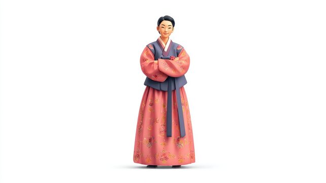 Elegant 3D Render of a Korean Woman in a Traditional Pink Floral Hanbok