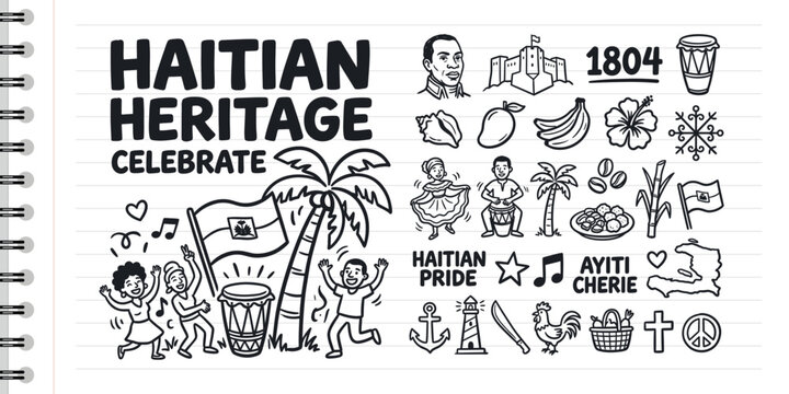Hand drawn Haitian heritage culture doodles featuring flag map palm tree and traditional icons
