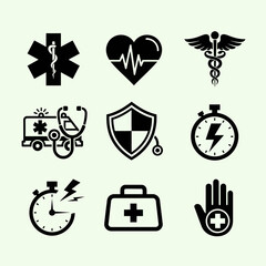 Fototapeta premium Medical Icons Set: Health, Ambulance, Caduceus, Stopwatch, First Aid
