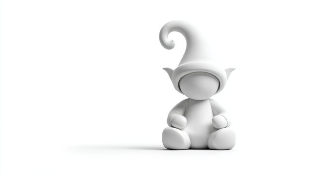 Enigmatic White Gnome: A Faceless Figure with a Swirled Hat in Quiet Solitude.