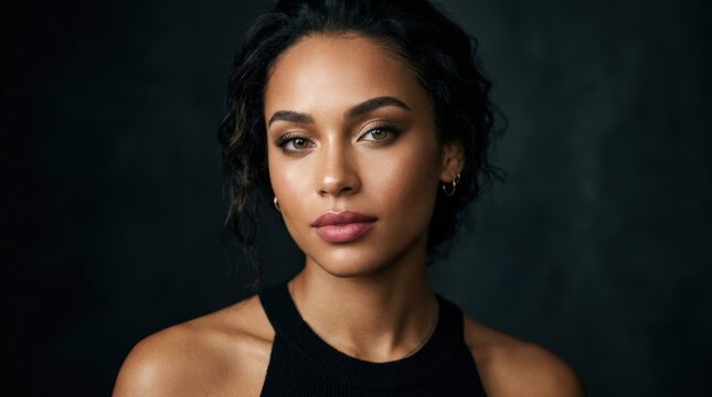 Close up portrait of a woman with glowing skin and makeup in a dark studio, beauty campaign concept with luminous complexion and refined cosmetics styling, realistic detail, no logos