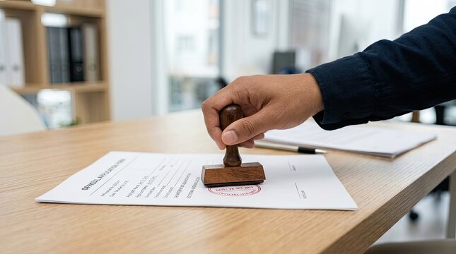 Close-up of a hand stamping a document on a wooden desk in an office setting.