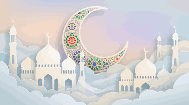 Decorative mosaic crescent moon with colorful patterns above a dreamy pastel mosque skyline, Ramadan-themed illustration.
