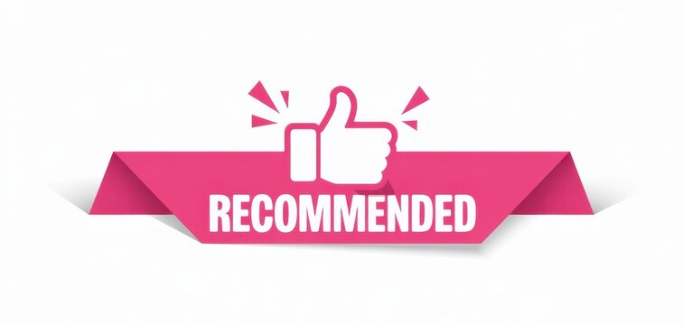 Pink recommended thumb up icon on white background for approval and suggestion