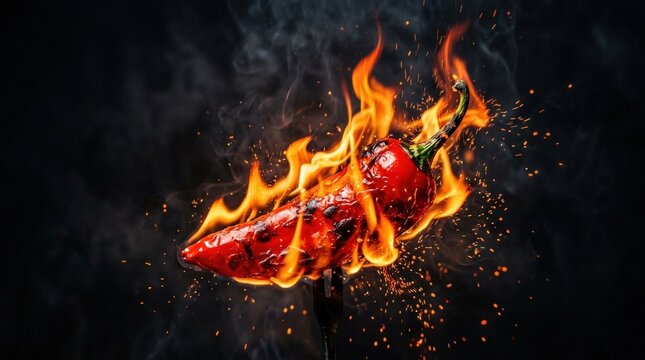 Bright red chili pepper on fire against a dark background, spicy heat concept with dramatic flames and bold color contrast, realistic detail, no logos