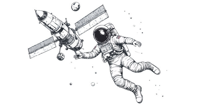 Astronaut floating in space near orbital station