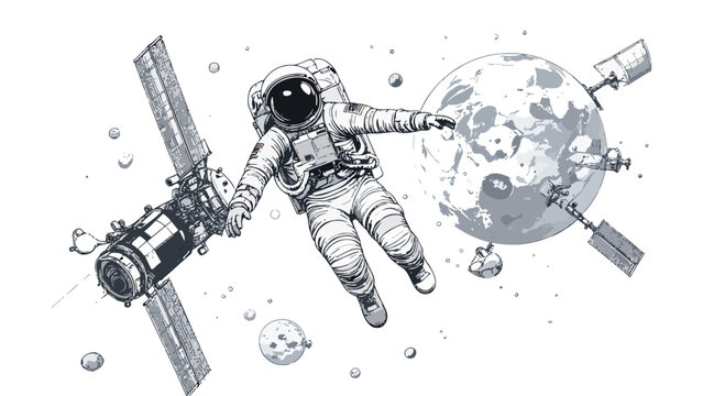 Astronaut floating in space exploring a lunar orbit